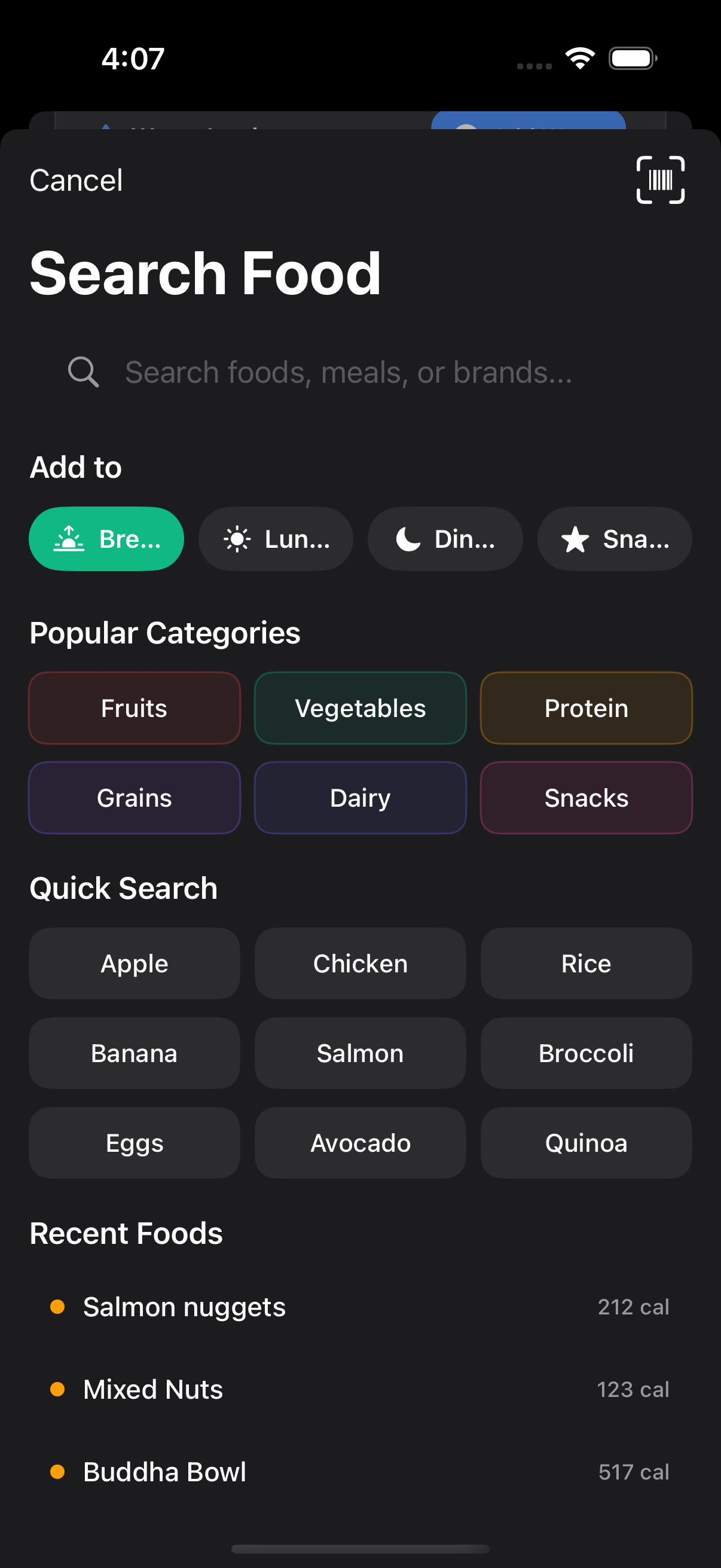 Dark Theme - Nutrition Search
